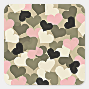 Rosa och Grönt Camo Hearts Stickers Fyrkantigt Klistermärke