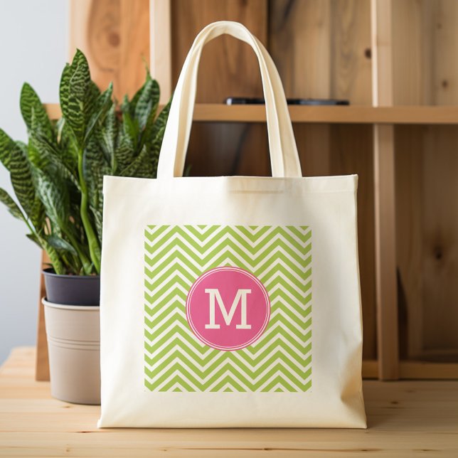 Rosa och Grönt Chevron Mönster med Monogram Tygkasse (Personalized tote bag with chevrons and monogram)