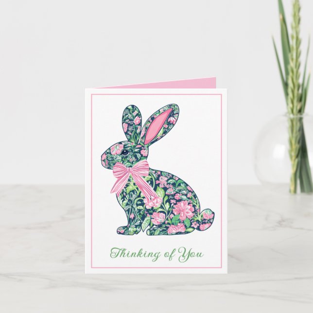 Rosa och Grönt Chinoiserie Bunny med bin Anteckningskort (Framsida)