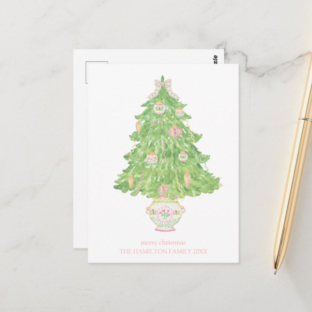 Rosa och Grönt Coquette Bow Preppy-jul Vykort (Fram/Back In Situ)