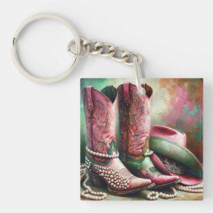 Rosa och Grönt Cowboy Boots Keychain