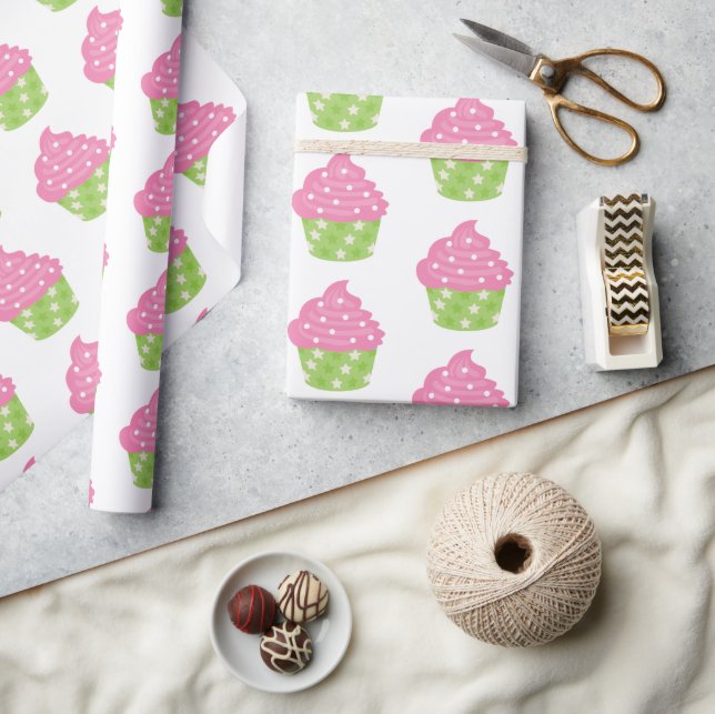 Rosa och Grönt Cupkaka Wrapping Papper Presentpapper (Hantverk)