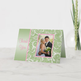 Rosa och grönt damast-tackkort med foto tack kort