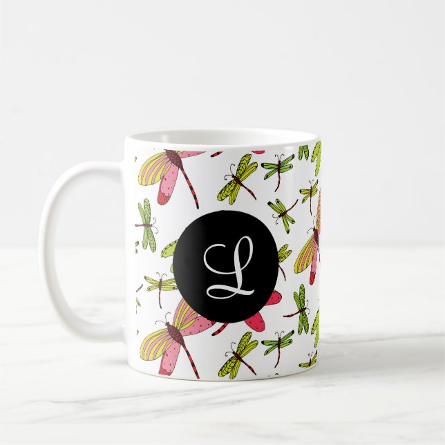 Rosa och Grönt Dragonflies Monogram Kaffemugg (Vänster)
