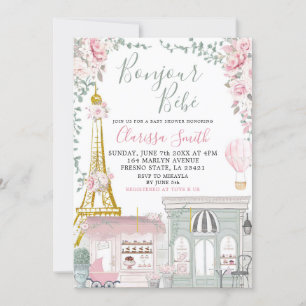 Rosa och Grönt Effel Fransk Bebe Baby Shower Inbjudningar