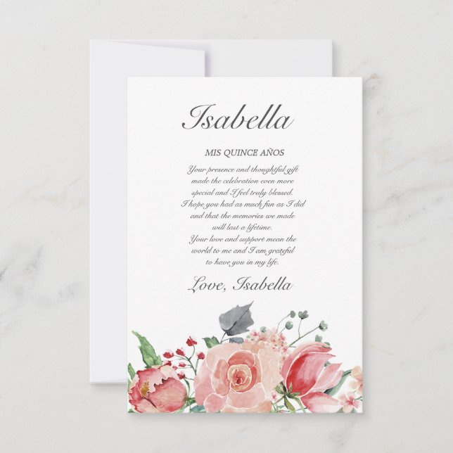 Rosa och Grönt Elegant Quinceañera Tack Kort (Framsida)
