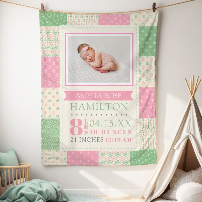Rosa och Grönt födelsetal Foto Baby Fleecefilt (Pink and Green Birth Stats Photo Baby Fleece Blanket)