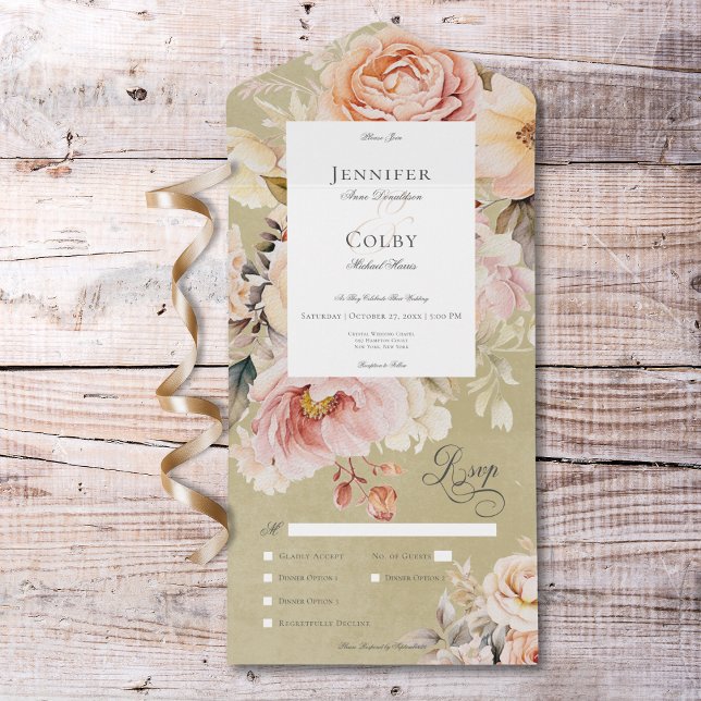Rosa och Grönt för Rustic Romantic  &  Ro (Rustic Romantic Pink & Blush Roses Green Dinner All In One Invitation)