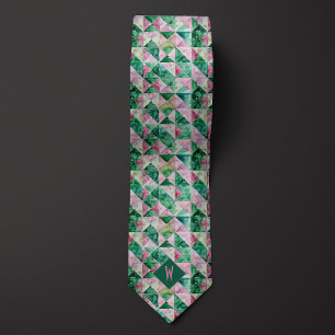 Rosa och Grönt Geometrisk monogram för vattenfärg Slips
