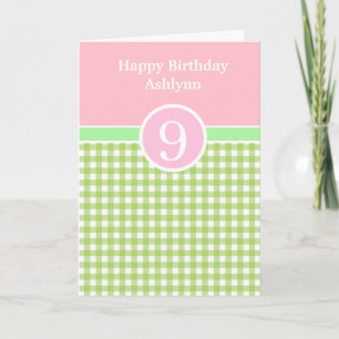 Rosa och Grönt Gingham 9:e födelsedagskortet Kort