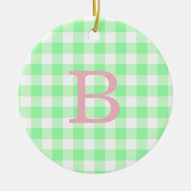 Rosa och grönt Gingham-monogram Julgransprydnad Keramik (Framsidan)