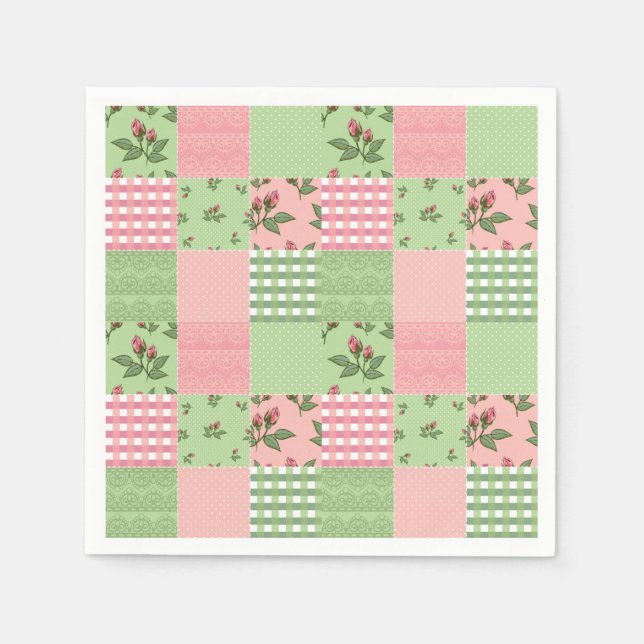 Rosa och Grönt Gingham Patchwork Papper Napkins Pappersservett (Framsidan)