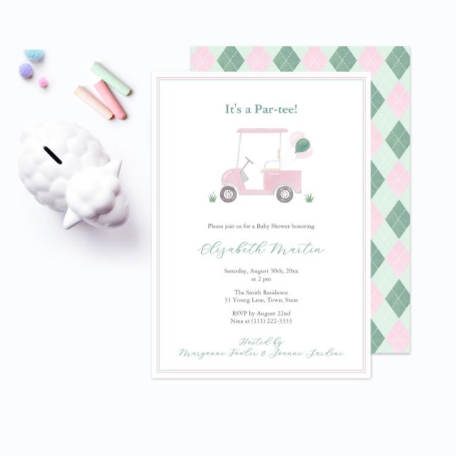 Rosa och Grönt Golf Cart Flicka Shower Inbjudningar (It's a baby shower par-tee! Pink and Green golf cart baby shower invitation to welcome a little girl)