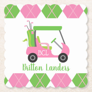 Rosa och Grönt Golf Monogrammed Papprare Underlä Underlägg Papper