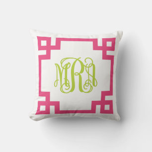 Rosa och Grönt grekiska Nyckel-skript, Monogram Kudde