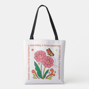 Rosa och Grönt Groovy-Blommigt Illustrativ tote Ba Tygkasse