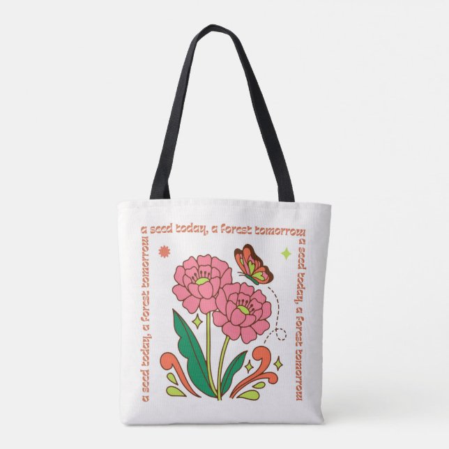 Rosa och Grönt Groovy-Blommigt Illustrativ tote Ba Tygkasse (Baksida)