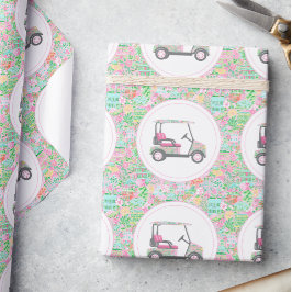 Rosa och Grönt Handflatan Beach Golf Cart Presentpapper