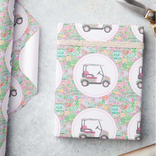 Rosa och Grönt Handflatan Beach Golf Cart Presentpapper (Skapare uppladdad)