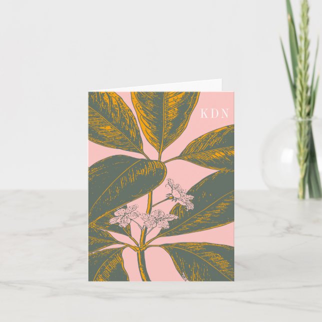 Rosa och Grönt Handflatan Frond Botaniska Teckning Anteckningskort (Framsida)