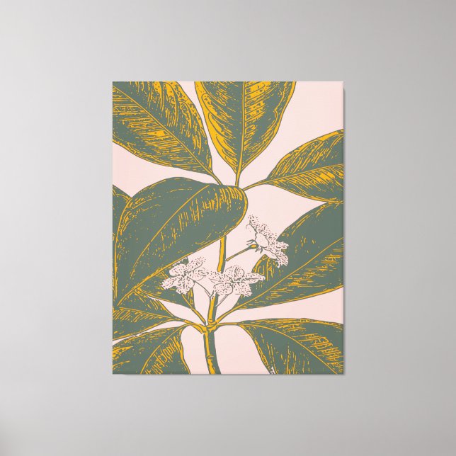 Rosa och Grönt Handflatan Frond Botaniska Teckning Canvastryck (Framsida)