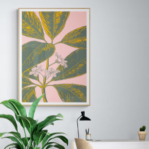 Rosa och Grönt Handflatan Frond Botaniska Teckning Poster