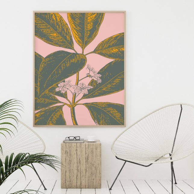Rosa och Grönt Handflatan Frond Botaniska Teckning Poster (Skapare uppladdad)