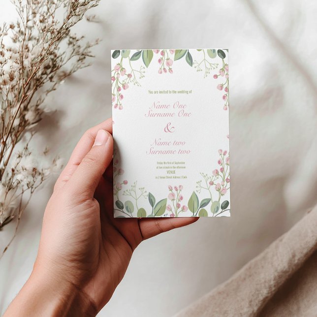 Rosa och grönt inbjudan vykort (Bright beautiful modern wedding invitation with pink and green flowers and elegant pink script.)
