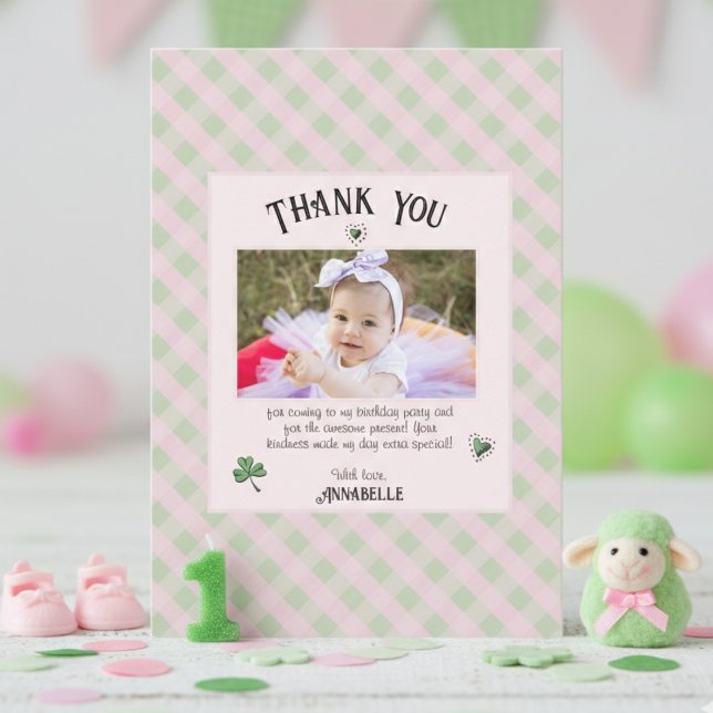 Rosa och Grönt Irländska Barns födelsedag Tack Kort (Pink St Patrick's Day First Birthday Thank You Card for Baby Girl. Irish Lucky One Card for Kids)