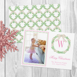 Rosa och Grönt Jul Bow-utandning Monogram Foto Julkort