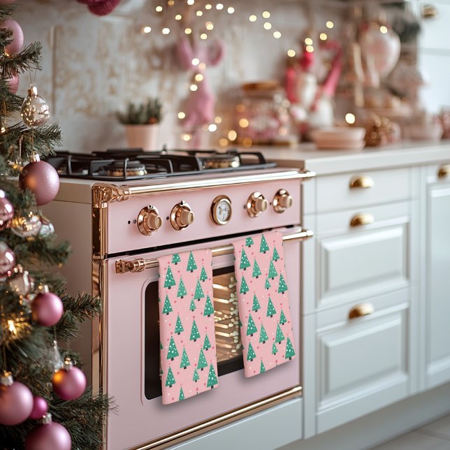 Rosa och Grönt Julgranar Kökstorn Kökshandduk (Skapare uppladdad)