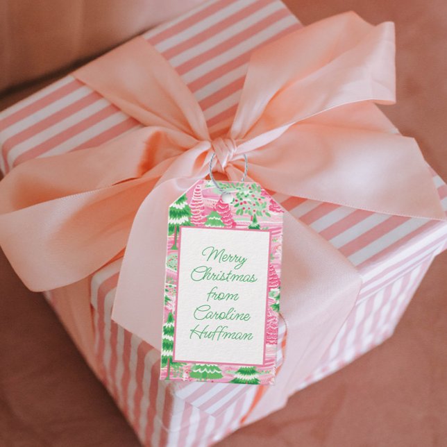 Rosa och Grönt Julgranar Presentetikett (Skapare uppladdad)