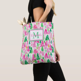Rosa och grönt julgransmonogram i snygg stil tygkasse