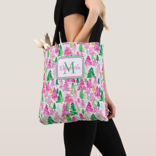 Rosa och grönt julgransmonogram i snygg stil tygkasse