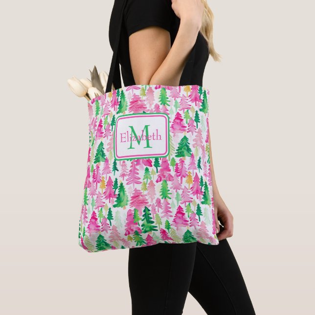 Rosa och grönt julgransmonogram i snygg stil tygkasse (Närbild)