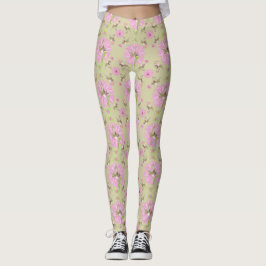 Rosa och Grönt Leggering av nostalgisk Blommigt Leggings