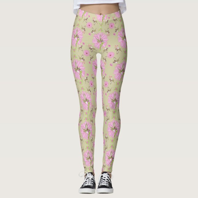 Rosa och Grönt Leggering av nostalgisk Blommigt Leggings (Framsida)