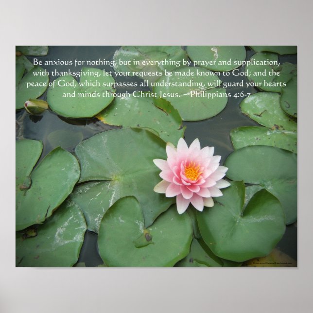 Rosa och Grönt Lily Pad Flower w/Bible Verse Poster (Framsidan)
