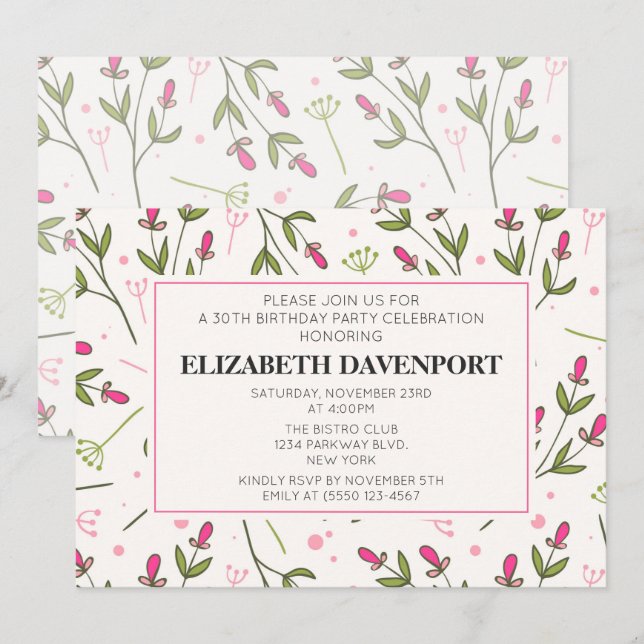 Rosa och Grönt Long Stem Wildblommor Birthday Inbjudningar (Fram/baksida)