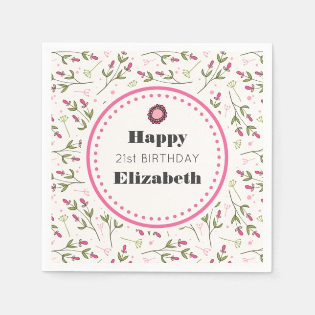 Rosa och Grönt Long Stem Wildblommor Birthday Pappersservett (Framsidan)
