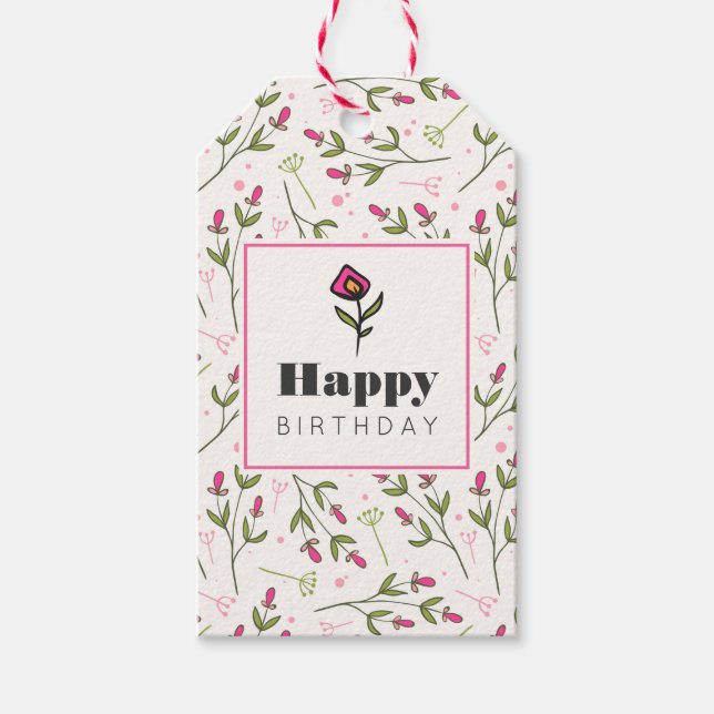 Rosa och Grönt Long Stem Wildblommor Birthday Presentetikett (Framsidan)
