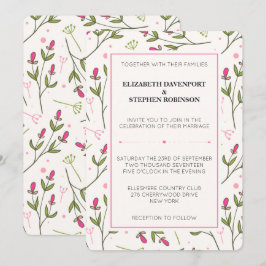 Rosa och Grönt Long Stem Wildblommor Bröllop Inbjudningar