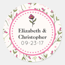 Rosa och Grönt Long Stem Wildblommor Bröllop Runt Klistermärke