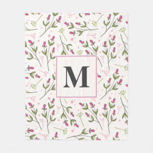 Rosa och Grönt Long Stem Wildblommor Monogram Fleecefilt
