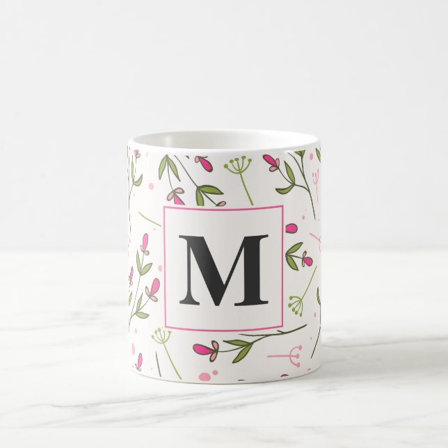 Rosa och Grönt Long Stem Wildblommor Monogram Kaffemugg (Center)