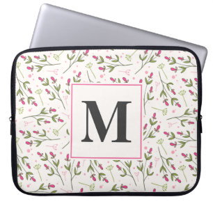 Rosa och Grönt Long Stem Wildblommor Monogram Laptop Fodral