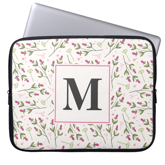 Rosa och Grönt Long Stem Wildblommor Monogram Laptop Fodral (Framsidan)