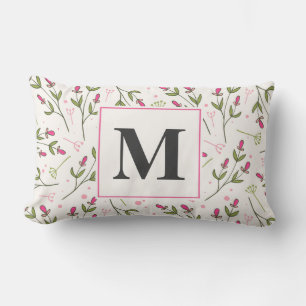 Rosa och Grönt Long Stem Wildblommor Monogram Lumbarkudde