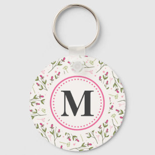 Rosa och Grönt Long Stem Wildblommor Monogram Nyckelring