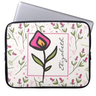 Rosa och Grönt Long Stem Wildblommor Personlig Laptop Sleeve